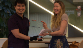 JILA graduate student Tatsuya Akiba (left) celebrates with advisor JILA Fellow and Astrophysical and Planetary Sciences Associate Professor Ann-Marie Madigan 