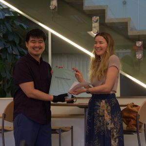 JILA graduate student Tatsuya Akiba (left) celebrates with advisor JILA Fellow and Astrophysical and Planetary Sciences Associate Professor Ann-Marie Madigan 